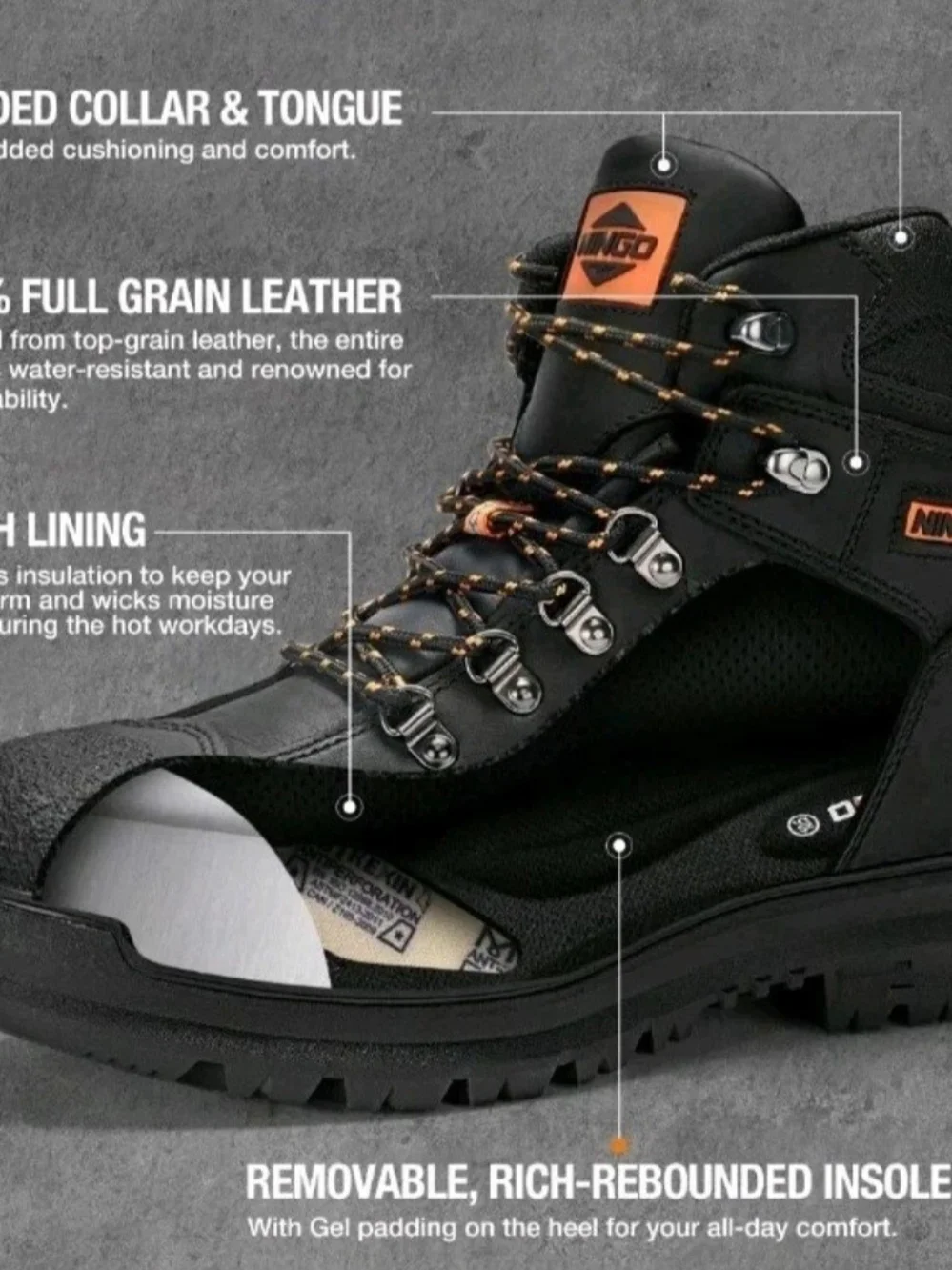 Ningo Men's Steel Toe Work Boots Leather IndustrialConstruction Safety Size 13us